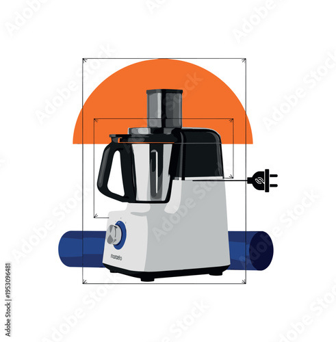 Black and white modular food processor simplified into strong geometric shapes, bold orange semicircle framing upper section, thin framing guides overlaying