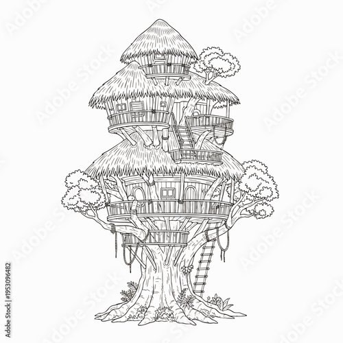 Whimsical Multi-Level Treehouse with Thatched Roofs and Balconies, Hand-Drawn Outline Illustration