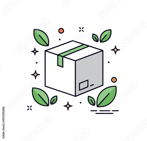 Eco friendly brand identity packaging represented by a product box framed by leaves and subtle star accents, symbolizing harmony between design and