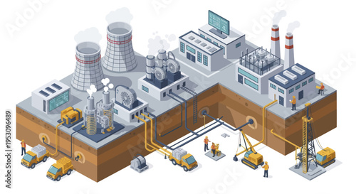 Industrial Power Plant Construction and Operation Isometric View.