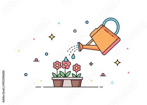 Spring watering routine watering can pouring gentle droplets onto blooming flowers. A cheerful concept badge about nurturing plants and enjoying outdoor