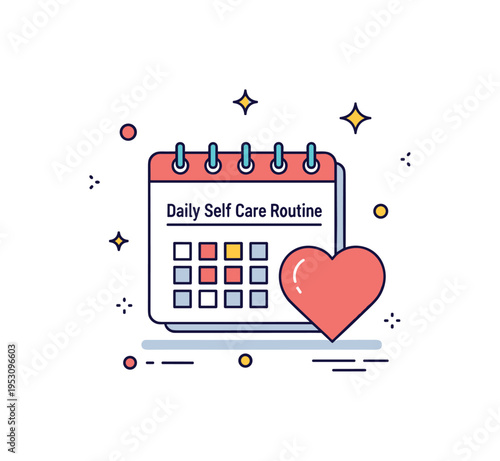 Daily self care routine shown as a small calendar page paired with a heart and gentle sparkle details, representing consistent healthy habits for the mind. The