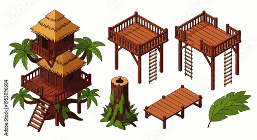Isometric Treehouse Elements: Jungle Hut, Platforms, Ladder, and Log Base