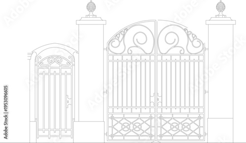 Technical architectural elevation drawing showing ornate entrance gate system with arched pedestrian gate, large double vehicle gates with scrollwork and decorative pillars with finials.