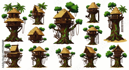 Collection of pixel art treehouses in a jungle setting, diverse designs, natural environment, fantasy homes