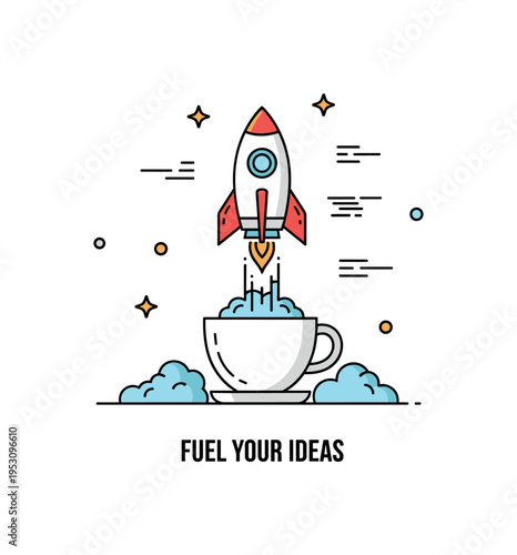 Rocket launching from a coffee cup with steam transforming into dynamic exhaust clouds, symbolizing morning energy and creative takeoff. A subtle ?Fuel Your