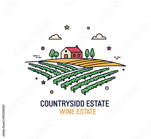 Countryside wine estate small farmhouse silhouette set above patterned vine rows flowing across gentle hills. A refined concept badge expressing rural heritage