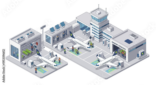 Isometric Airport Scene with Airplanes and Buildings.
