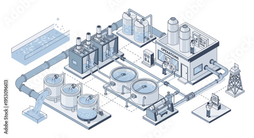 Industrial Water Treatment Plant Isometric View Illustration.
