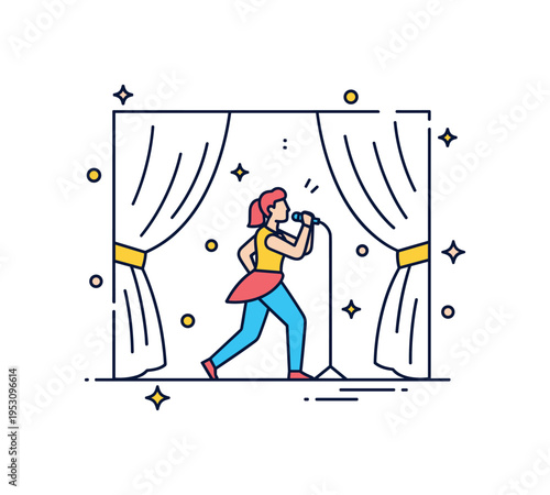 Broadway style stage moment featuring a performer in mid song pose under curtain outlines with subtle sparkle accents, symbolizing theatrical expression and