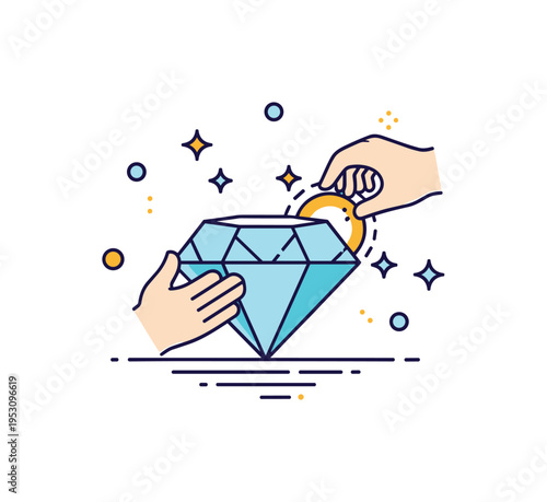 Talent refinement concept featuring a simplified gemstone being carefully polished with subtle sparkle accents, expressing growth, focus and transformation