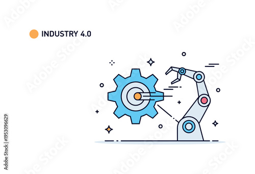 Robotic transmission system futuristic cog connected to a slim robotic arm silhouette, symbolizing automated production and advanced robotics. A