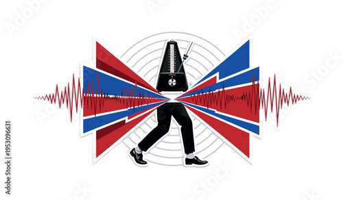 Black and white vintage metronome centered with human legs marching in place beneath it, bold red and cobalt blue geometric shapes forming abstract sound