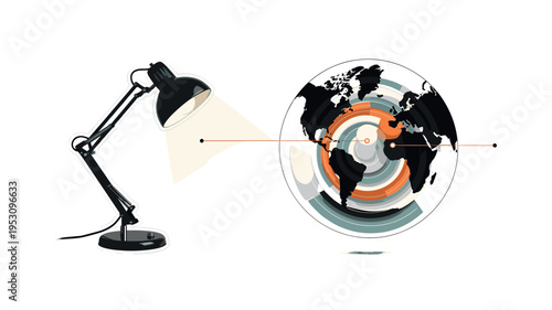 Black and white retro desk lamp illuminating a floating abstract world map fragment, layered semicircles and cylinders representing shifting time zones, thin