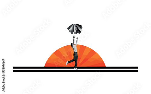 Monochrome figure joyfully tossing shopping bags upward, bold orange half-circle behind like celebratory spotlight, thin horizontal baseline grounding the
