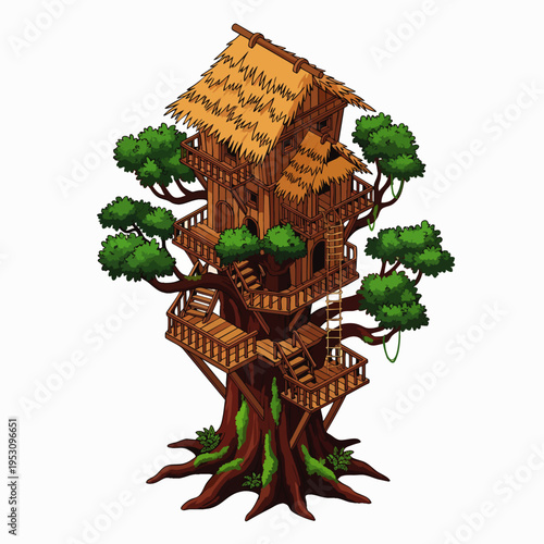 Charming cartoon illustration of a multi-story wooden treehouse with thatched roofs and intricate stairs, nestled in a vibrant green tree, evoking adventure and nature.