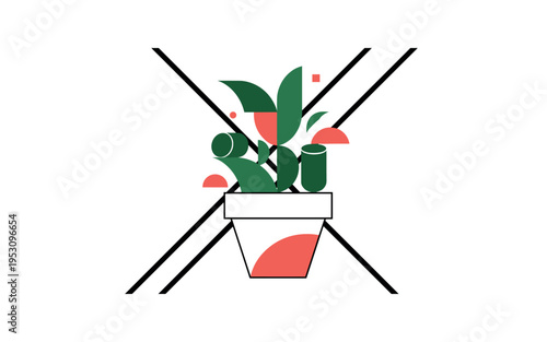 Black and white oversized flower pot dominating the composition, plant leaves simplified into geometric arcs and cylinders, dynamic diagonal lines intersecting