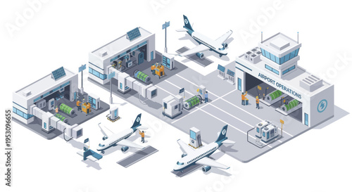 Isometric Airport Terminal with Airplanes and Ground Support Vehicles.
