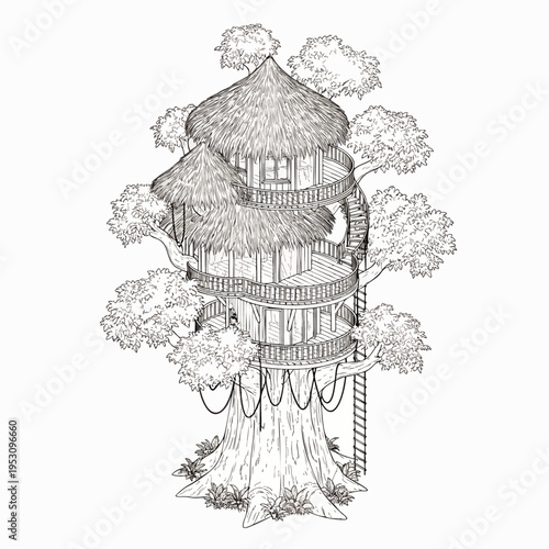 Detailed line art illustration of a multi-story treehouse with thatched roofs, spiral stairs, and balconies, nestled in a large tree. Whimsical fantasy adventure dwelling.