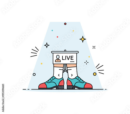 Stage performance rhythm theme illustrated by tap shoes under a subtle spotlight circle with small star accents to suggest applause and live presentation. The