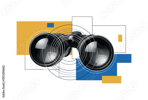 Black and white realistic binoculars enlarged in perspective, circular lenses interacting with abstract concentric rings, rectangular shapes structuring the