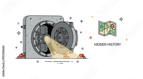 Secret bunker tourism concept showing a heavy round vault door slightly open with a beam of light inside. Minimal concrete textures, small map icon and a