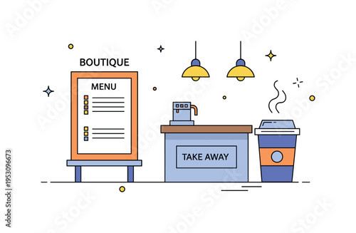 Boutique cafe atmosphere represented by a menu board, simple counter and a takeaway cup icon. Balanced geometry and subtle star accents communicate stylish