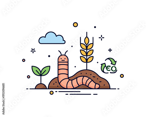 Sustainable agriculture theme centered on an earthworm combined with a small wheat icon, symbolizing fertile soil and eco conscious farming practices. The