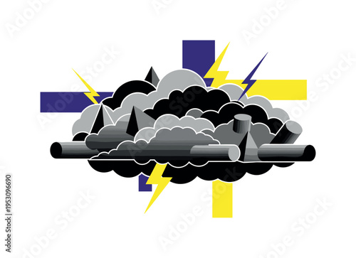 A realistic monochrome cloud mass simplified into bold geometric shapes, lightning illustrated as sharp angular blocks cutting through, abstract