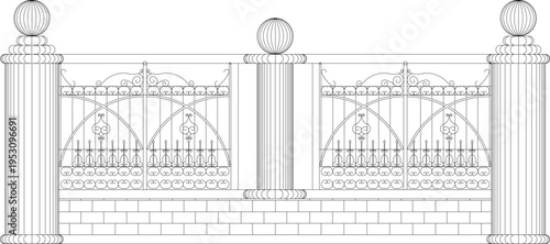Technical architectural elevation drawing showing ornate classical fence or balustrade with fluted columns, decorative metal panels with scrollwork and spherical finials.