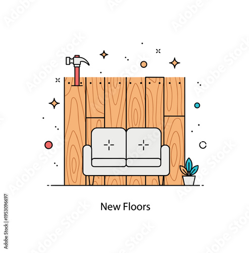 Flooring upgrade concept centered on clean wood plank pattern beneath a minimal sofa silhouette. Tiny hammer icon and short ?New Floors? caption emphasize