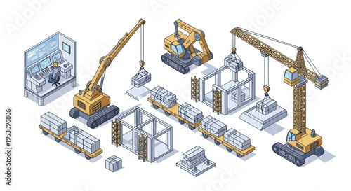 Isometric Construction Site with Cranes and Building Elements.