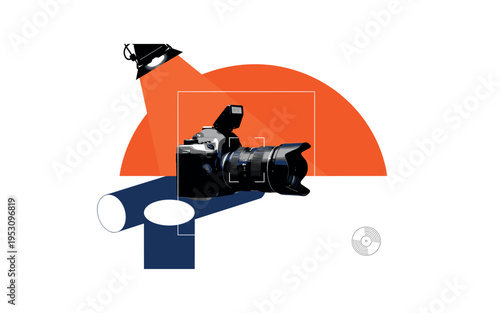 Black and white over-the-shoulder perspective of a camera aimed at an unseen subject, bold orange semicircle framing upper area like stage lighting, thin