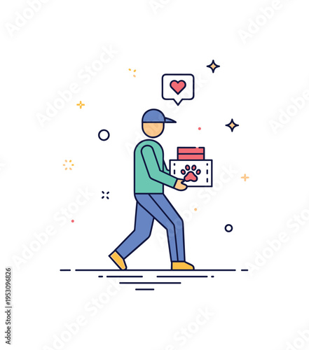 Volunteer animal rescue concept featuring a figure carrying a small crate with paw print detail and tiny heart icon above, representing dedication and active
