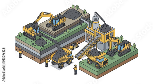 Isometric Coal Mining Operation with Heavy Machinery and Workers.