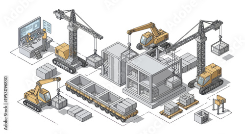 Isometric Construction Site with Cranes and Building in Progress.