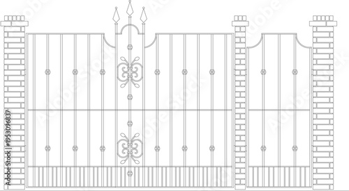 Technical architectural elevation drawing showing ornate wrought iron fence and gate with vertical bars, decorative scrollwork, spear finials and brick pillars.
