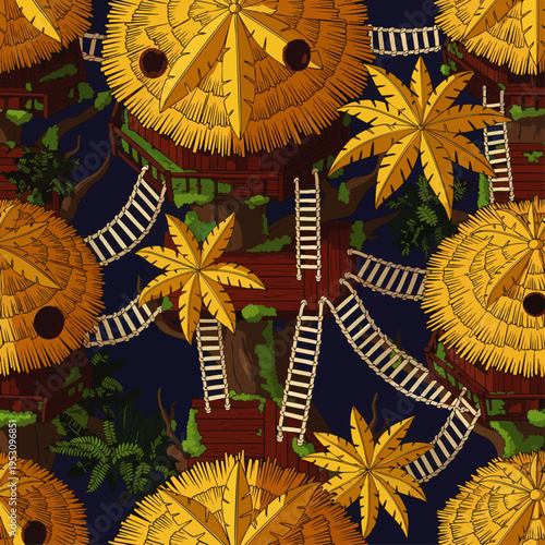 Vibrant tropical treehouse village, an aerial view with traditional thatched roofs, lush palm trees, and connecting ladders in a dense jungle setting.