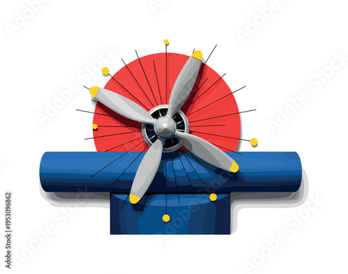 Black and white close-up of toy airplane propeller exaggerated into graphic circular form, large flat red circle intersected by thin radial lines, deep blue