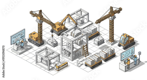Isometric Construction Site with Cranes and Building Structures.
