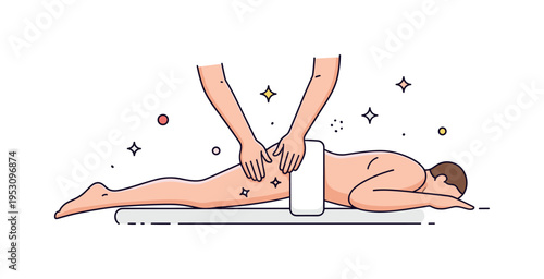 Massage therapy for sports recovery showing a person?s leg being massaged with small decorative stars, representing relaxation, healing, and improved