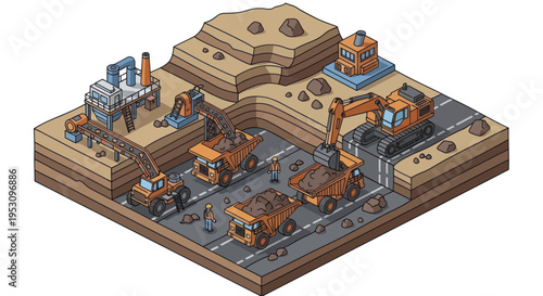 Isometric Construction Site with Excavators and Trucks.