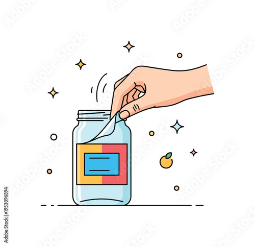 A hand slowly removing a colorful label from a glass jar with gentle peeling motion, highlighting precision and everyday household action. Minimalist flat