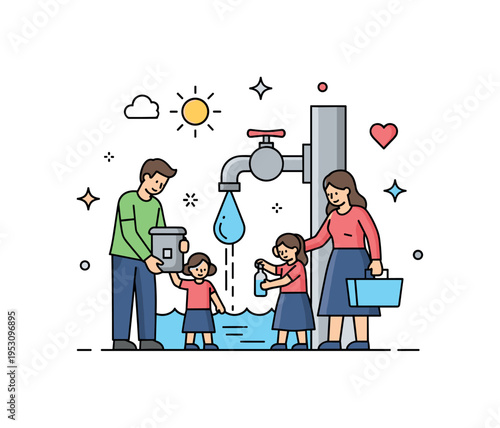 Family collecting fresh water from a safe tap with sunlight reflecting on clear water, representing daily life, health, and sustainability. Minimalist flat