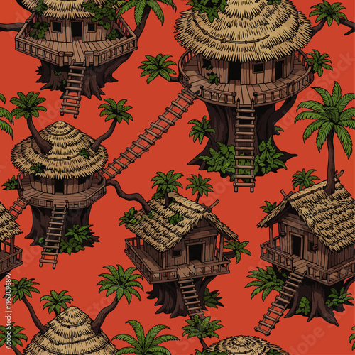 Seamless pattern with hand-drawn tropical treehouses and palm trees on a vibrant red background, perfect for adventure and jungle themes.