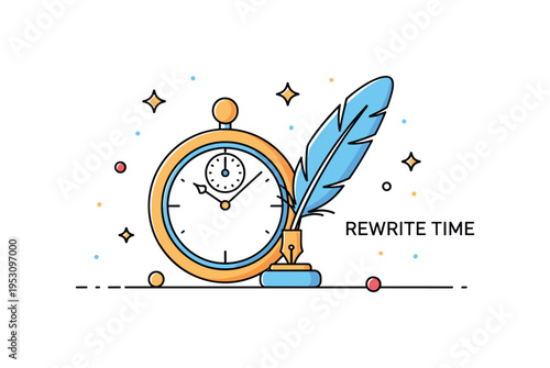 Chronometer and quill pen time travel concept featuring an antique clock resting beside a writing feather. Subtle sparkle accents and a ?Rewrite Time? text