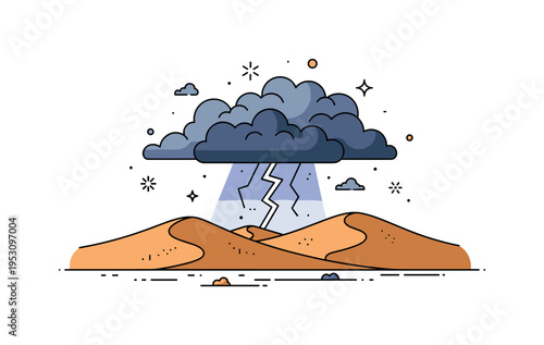 Dark clouds and lightning illuminating a wide desert landscape with sand dunes in shadow, capturing the contrast, drama, and intensity of a storm. Minimalist