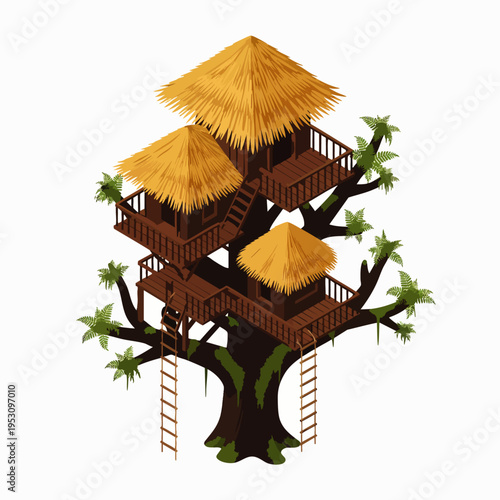 Isometric illustration of a multi-level fantasy treehouse complex with thatched roofs and wooden ladders, nestled in a lush green tree, evoking adventure and nature.