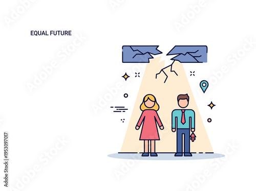 Workplace gender equality theme featuring two figures standing beneath a fractured ceiling with light shining through. A compact ?Equal Future? text detail