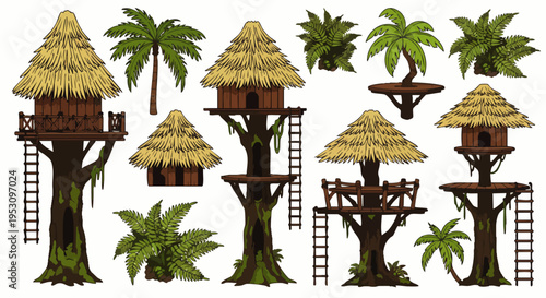 Collection of stylized treehouses and tropical plants, jungle huts and palm trees, illustration for games or fantasy settings
